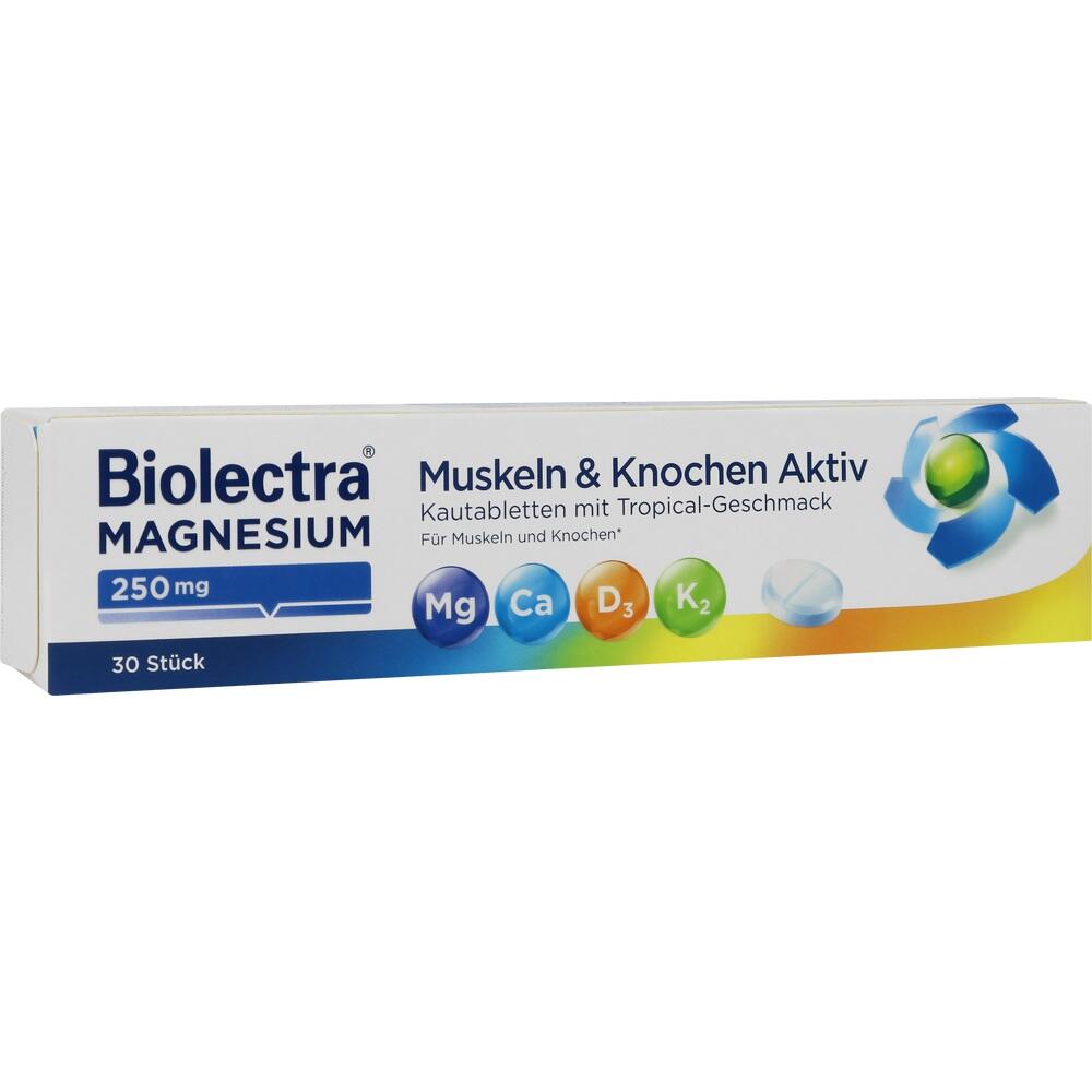 Packung Biolectra Magnesium Kautabletten für Muskeln und Knochen mit Tropical-Geschmack.