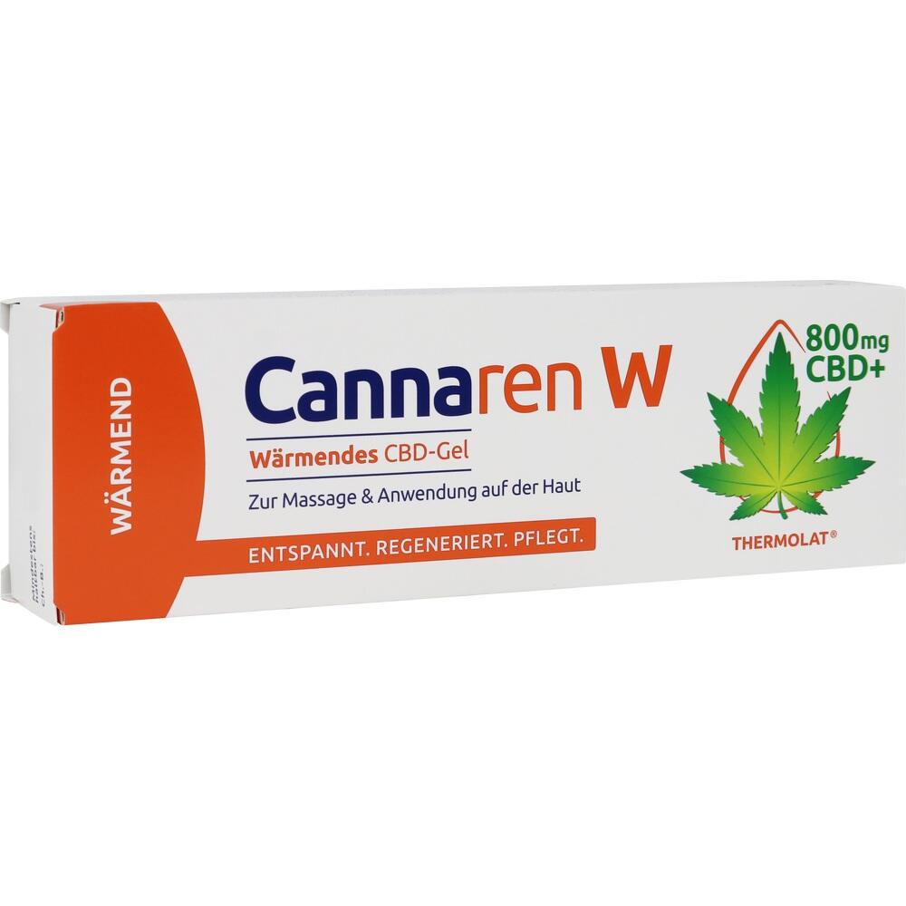 Verpackung eines wärmenden CBD-Gels mit einem Cannabisblatt und Informationen zur Anwendung.