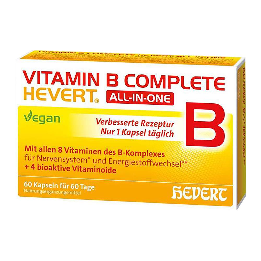 Gelbe Vitamin-B-Komplex-Verpackung von Hevert für vegane Nahrungsergänzung, 60 Kapseln.