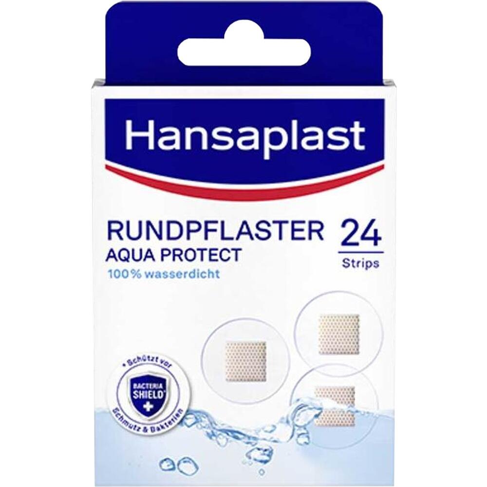 Eine Packung wasserfeste runde Pflaster von Hansaplast mit 24 Stück.
