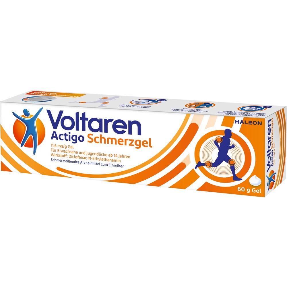 Eine Verpackung von Voltaren Actigo Schmerzgel mit orangem Design.