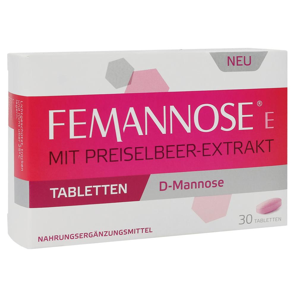 Verpackung von Femanose E Tabletten, ein Nahrungsergänzungsmittel mit Preiselbeer-Extrakt.
