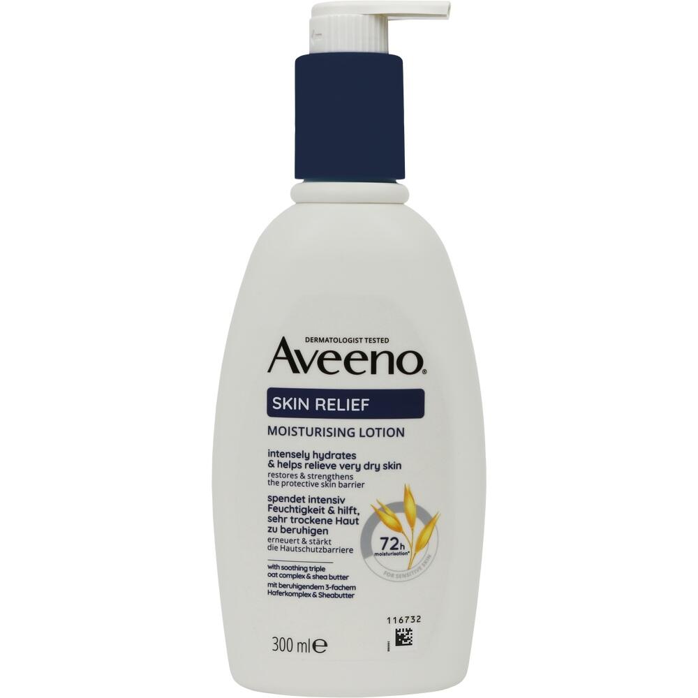 Weiße Flasche Aveeno Skin Relief Feuchtigkeitslotion mit blauem Spenderaufsatz.