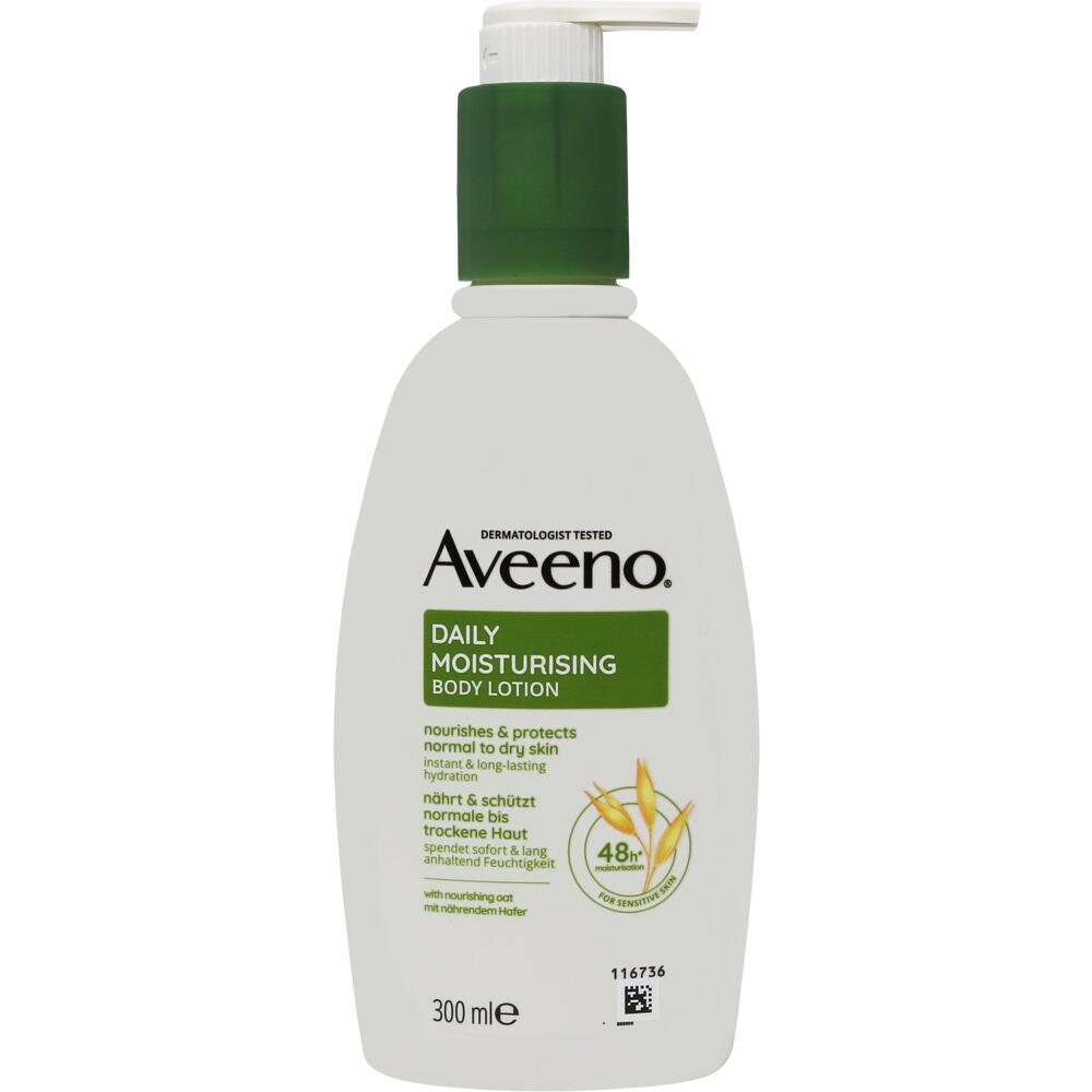 Weiße Flasche mit grüner Pumpe und der Aufschrift "Aveeno Daily Moisturising Body Lotion".