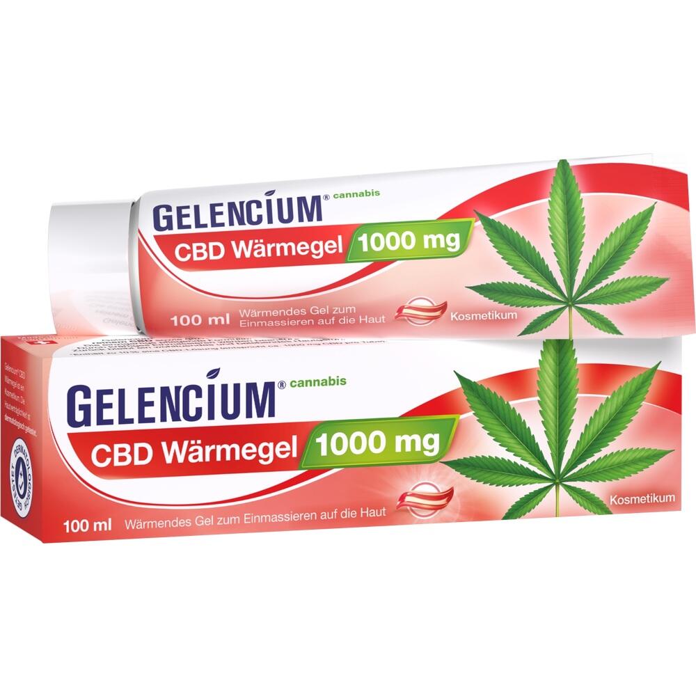 Rote Verpackung eines CBD-W&auml;rmegel mit Cannabisblatt und 1000 mg Angabe.