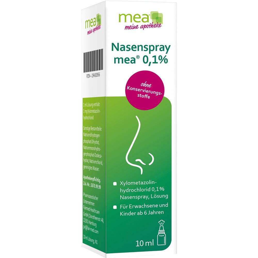 Gr&uuml;ne Nasenspray-Verpackung mit der Aufschrift "Nasenspray mea 0,1%".