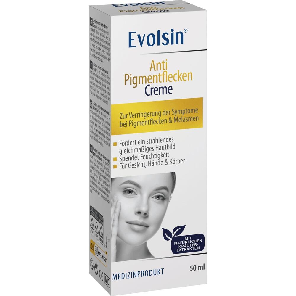 Verpackung einer Anti-Pigmentflecken-Creme, 50 ml, mit Gesicht einer Frau.