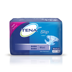 Packung TENA Slip Windeln in Blau und Lila mit "Maxi" und "Medium" aufgedruckt.