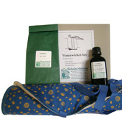 Ein Venewickel-Set mit Flasche, Beutel und Stofftuch.