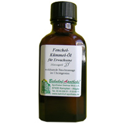 Braune Glasflasche mit Etikett f&uuml;r Fenchel-K&uuml;mmel-&Ouml;l.