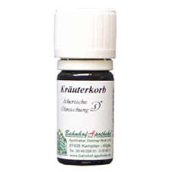 Kleine Flasche mit &auml;therischer &Ouml;lmischung und wei&szlig;em Deckel.