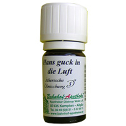 Braunes Fläschchen mit weißem Deckel und Aufschrift "Hans guck in die Luft".