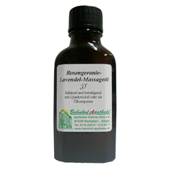 Braune Flasche mit Rosengeranie-Lavendel-Massage&ouml;l und wei&szlig;em Etikett.