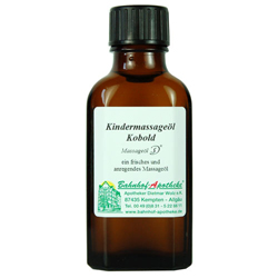 Braune Flasche mit Etikett f&uuml;r Kindermassage&ouml;l "Kobold".