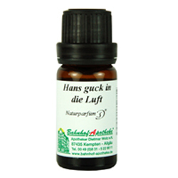 Braunes Fläschchen mit schwarzem Deckel und dem Etiketttext "Hans guck in die Luft".