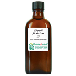 Braune Glasflasche mit Etikett "K&ouml;rper&ouml;l f&uuml;r die Frau".