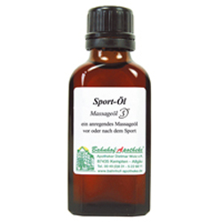 Braunes Glasfläschchen mit Etikett für Sport-Massageöl.