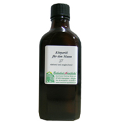 Braune Glasflasche mit weißem Etikett und schwarzem Verschluss.