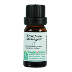 Braunes Fl&auml;schchen mit Kreuzbein-Massage&ouml;l und gr&uuml;nem Etikett.