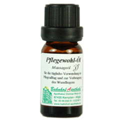Braune Flasche mit Etikett f&uuml;r Pflegewohl-&Ouml;l, ein Massage&ouml;l.