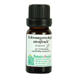 Braunes Fl&auml;schchen mit Etikett, das Schwangerschaftsstreifen&ouml;l enth&auml;lt.