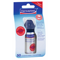 Flasche mit Spray-Pflaster von Hansaplast in einer blauen Verpackung.