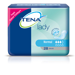 Verpackung von Damenbinden der Marke TENA, Normal, mit 28 Stück.